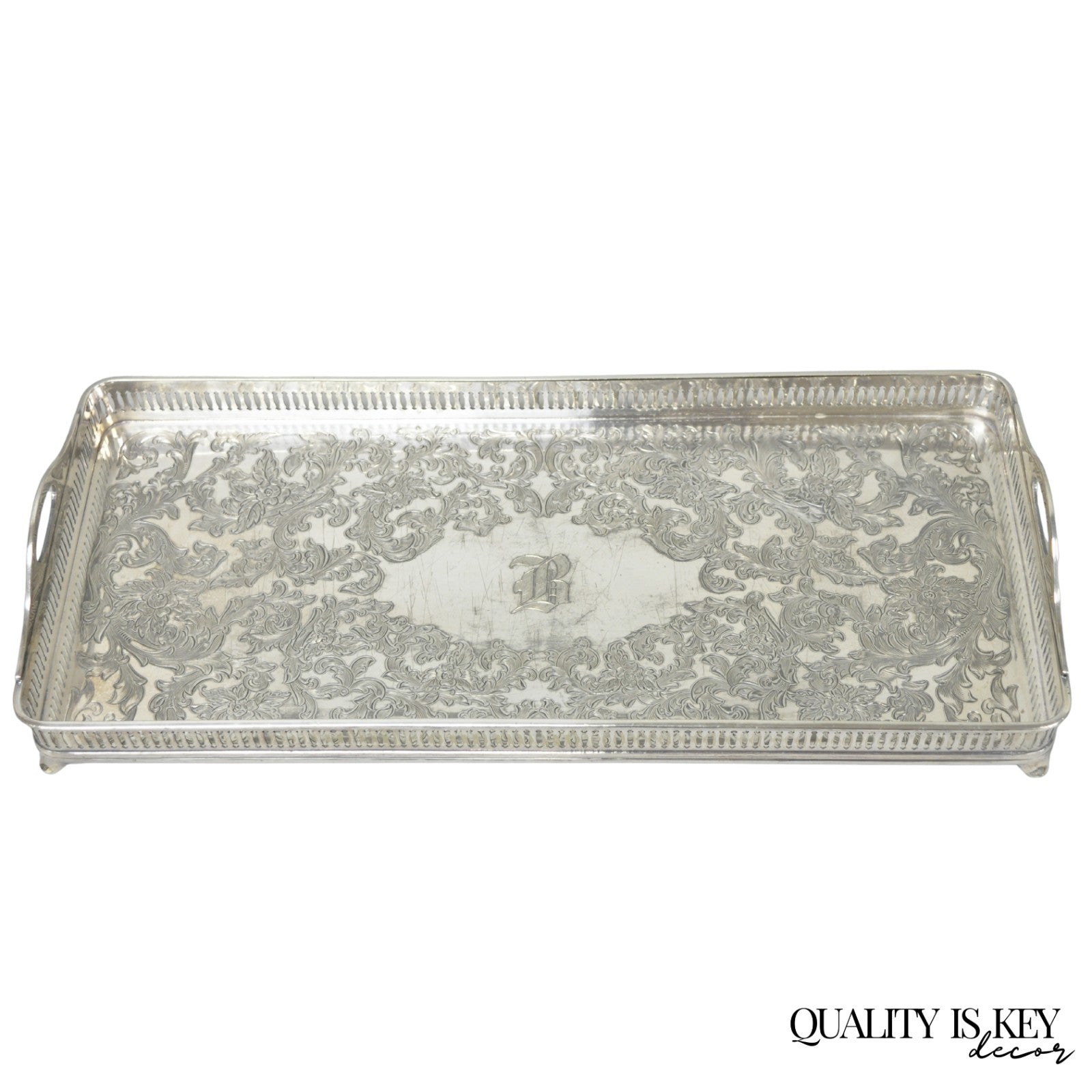 Antique Wilcox Victorian Engraved Narrow Silver Plated Trinket Dish "B" Monogram