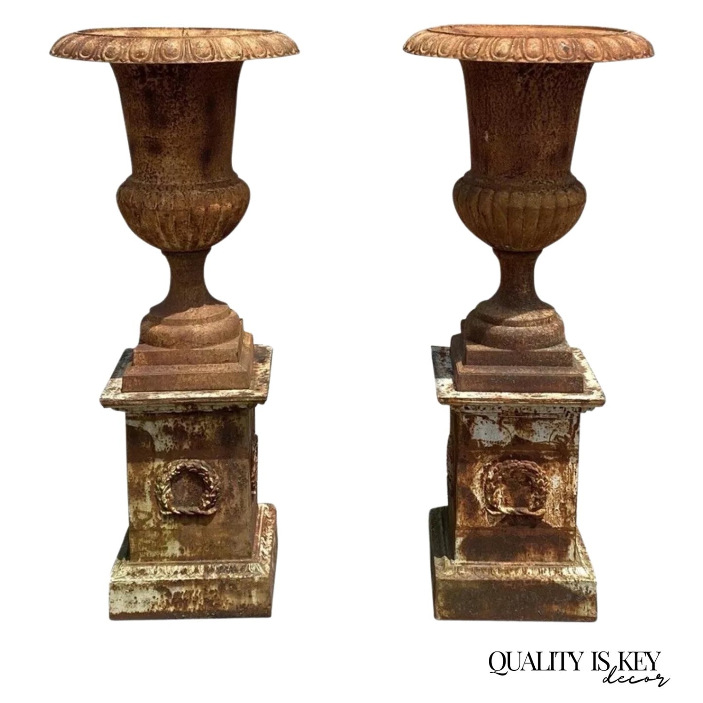 French Style 62" Cast Iron Campana Urn Outdoor Garden Planters on Pedestal, Pair