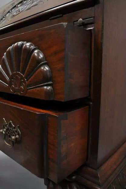 Georgian Chippendale Style Mahogany Block Front Shell Carved Secretary Desk