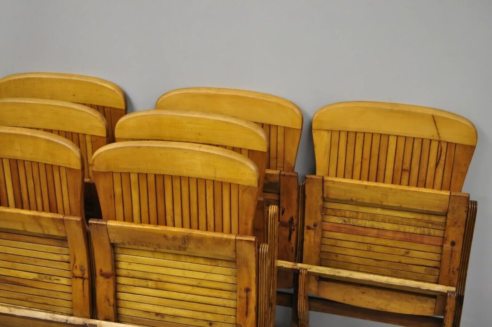 Antique Vintage Wood Slat Double Folding Theater Seat School Chair Old Bench
