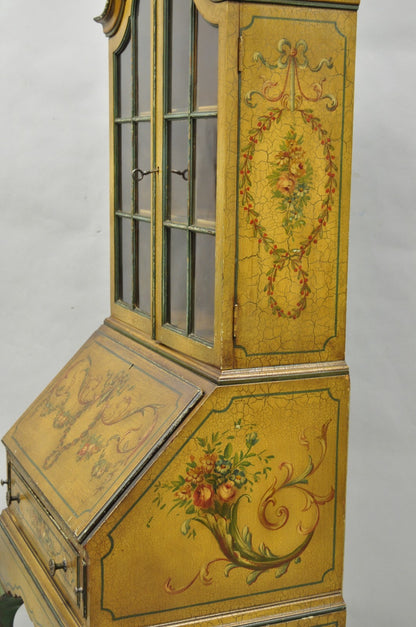 Antique English Adams Style Distress Hand Painted Narrow Secretary Writing Desk