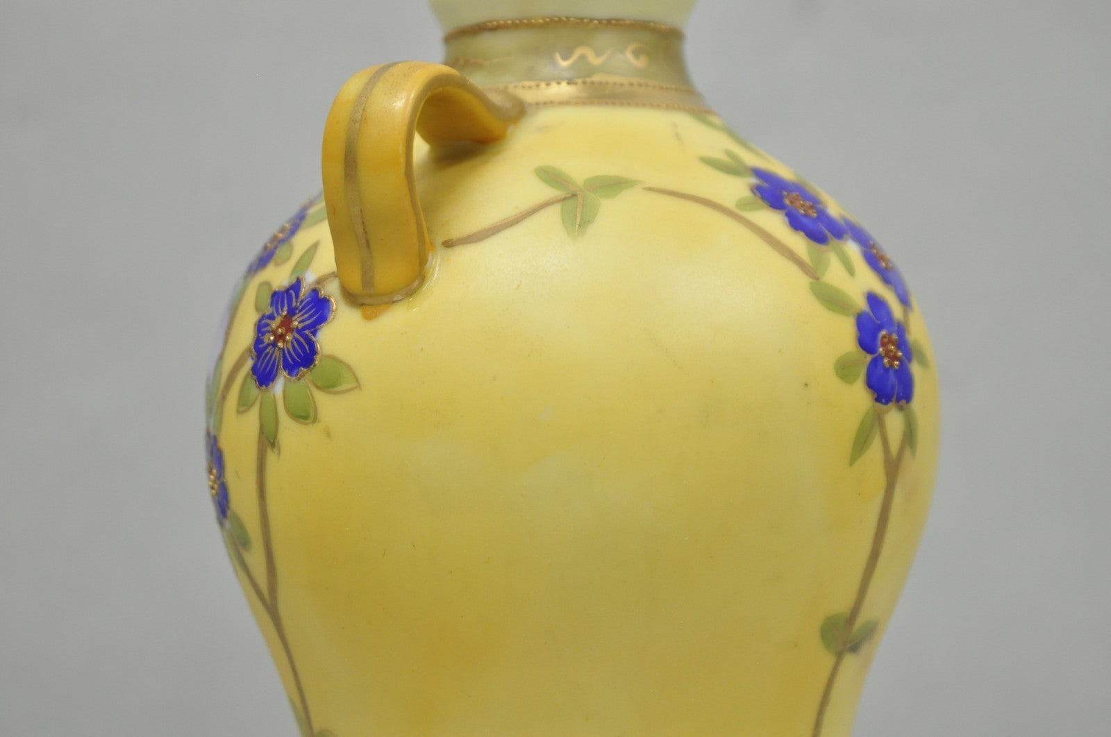 Antique Nippon Hand Painted Porcelain Moriage Mountain Scene Small Yellow Vase