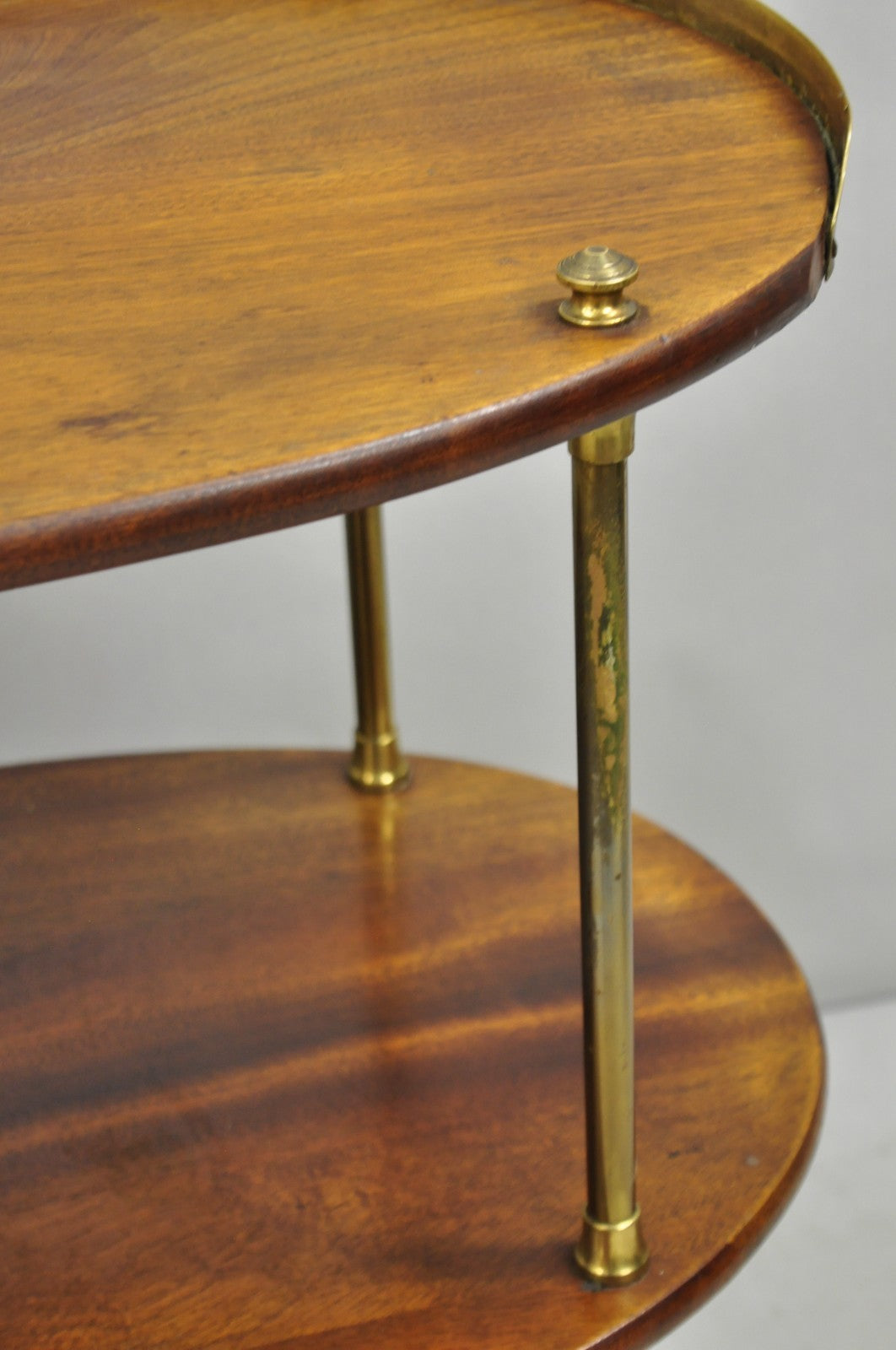 English Campaign Style Mahogany & Brass Oval 3 Tier Rolling Bar Cart Side Table