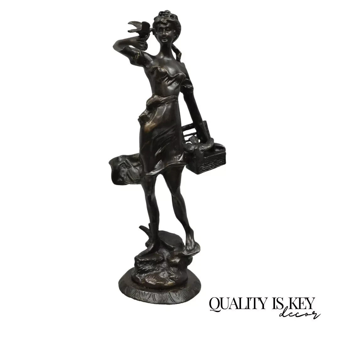 Vintage French Bronze Sculpture of Woman w/ Birds & Basket After Emile Guillemin