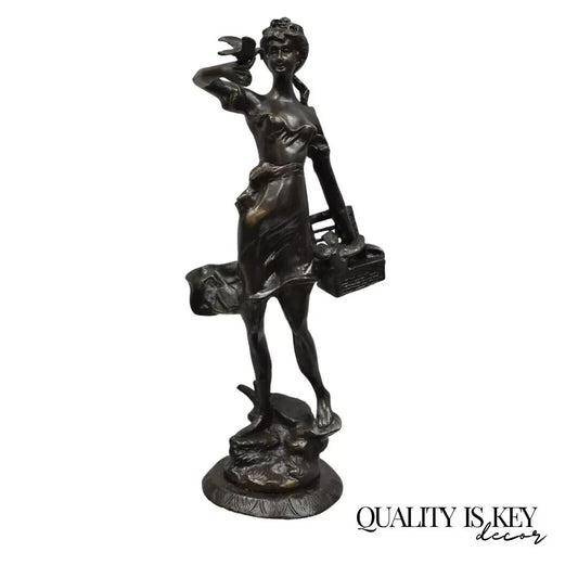 Vintage French Bronze Sculpture of Woman w/ Birds & Basket After Emile Guillemin