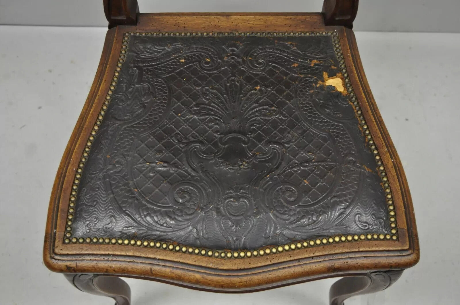 Antique French Louis XV Style Brown Embossed Leather Walnut Dining Side Chair A