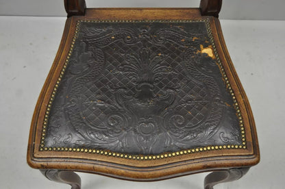 Antique French Louis XV Style Brown Embossed Leather Walnut Dining Side Chair A