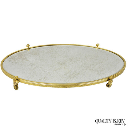 Vintage Hollywood Regency Gold Maiden Bust Oval Beveled Glass Mirror Vanity Tray