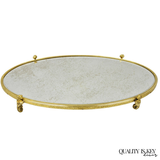 Vintage Hollywood Regency Gold Maiden Bust Oval Beveled Glass Mirror Vanity Tray