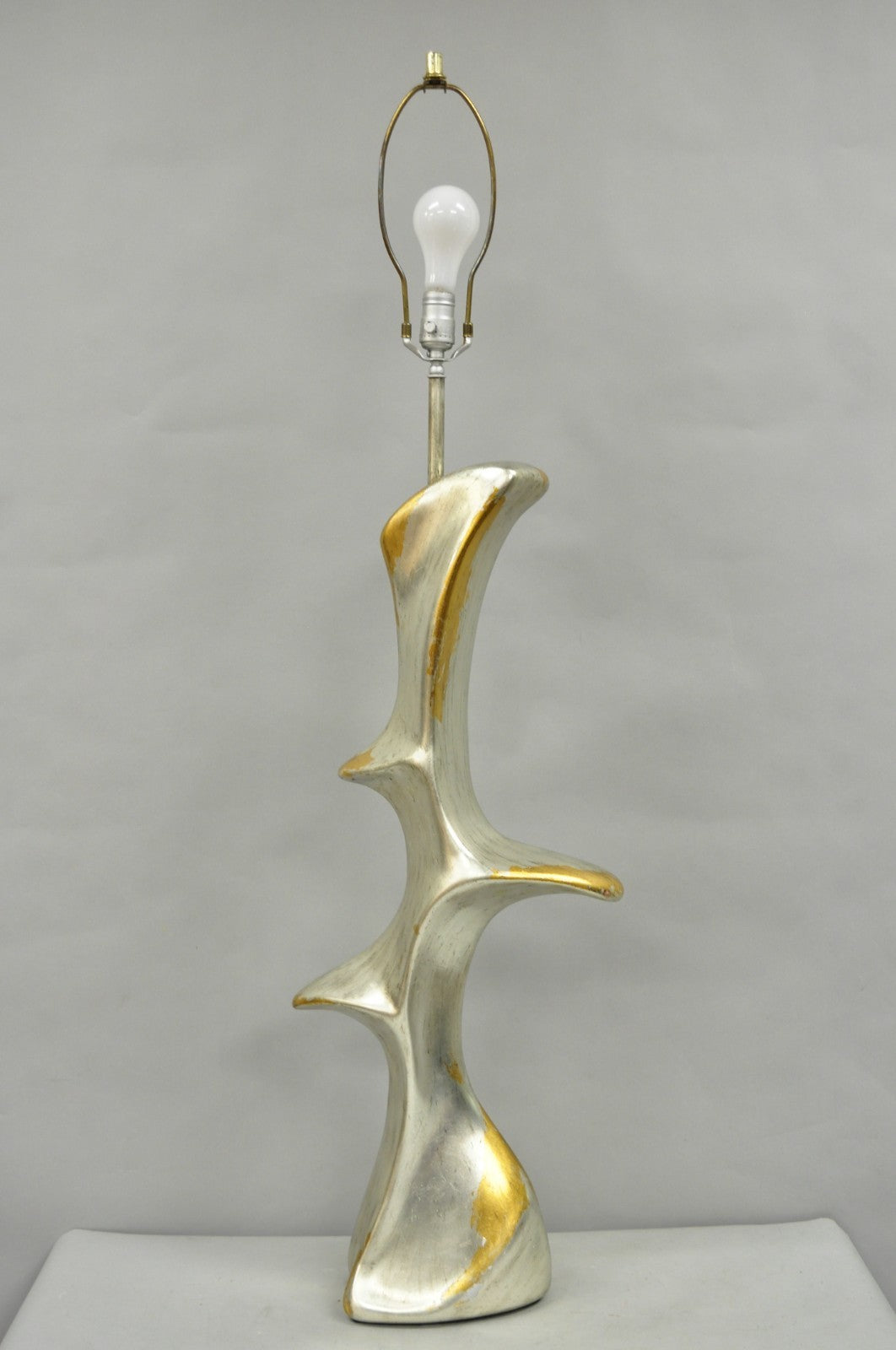 Vintage Brutalist Silver Gold Leaf Sculptural Ceramic Large Abstract Table Lamp