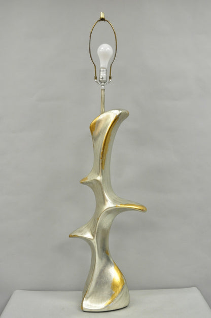 Vintage Brutalist Silver Gold Leaf Sculptural Ceramic Large Abstract Table Lamp