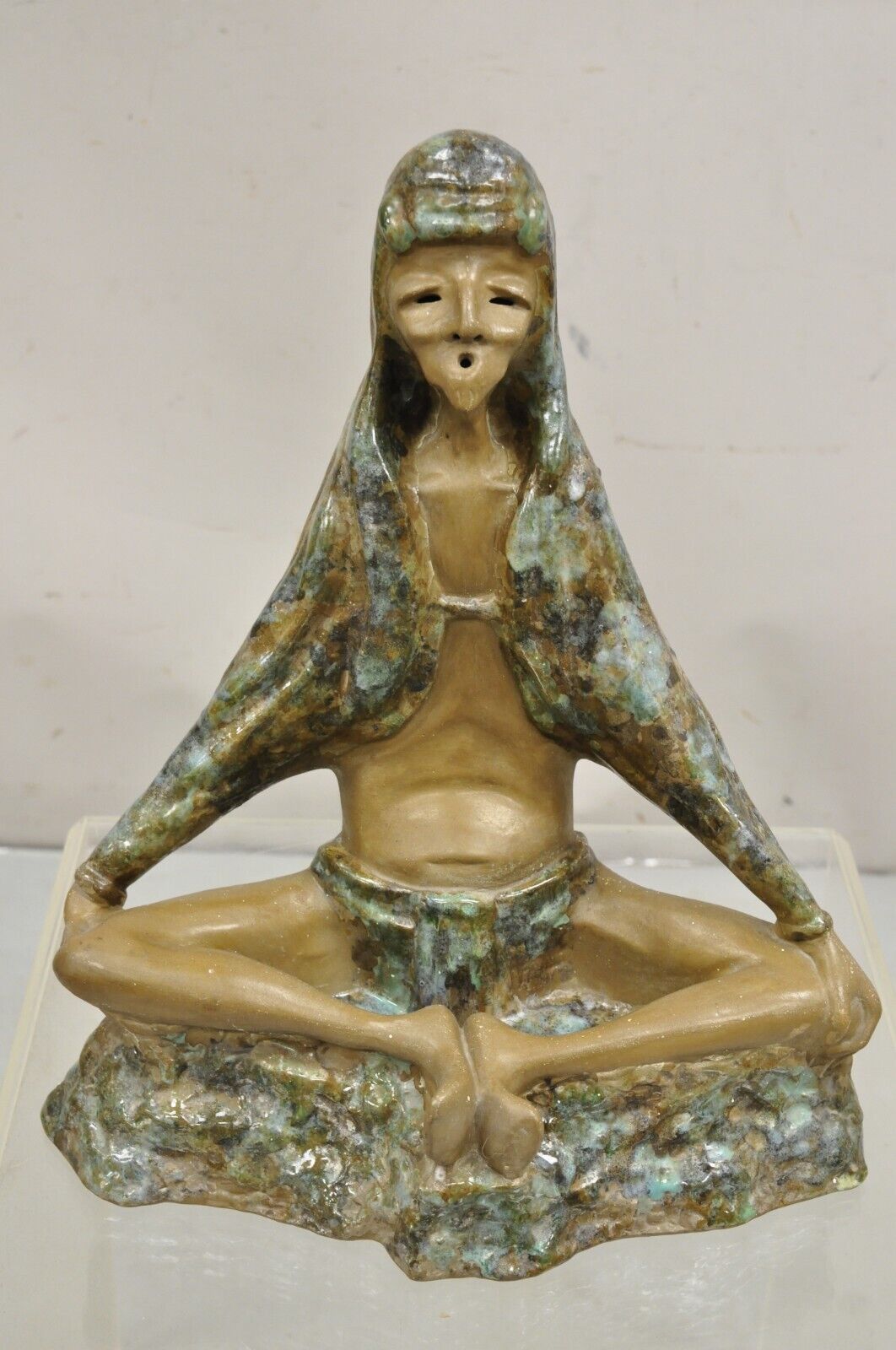 Mid Century Modern 1960s Glazed Ceramic Pottery Meditating Elder Woman Sculpture