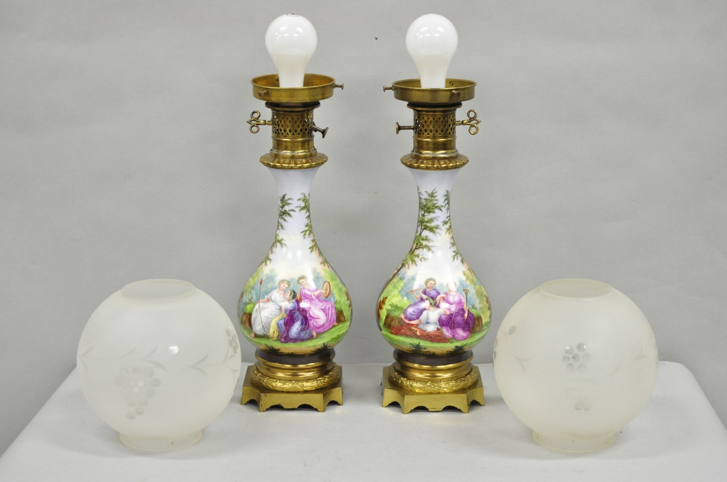Antique French Napolean III Hand Painted Porcelain Oil Lamp Table Lamps - a Pair
