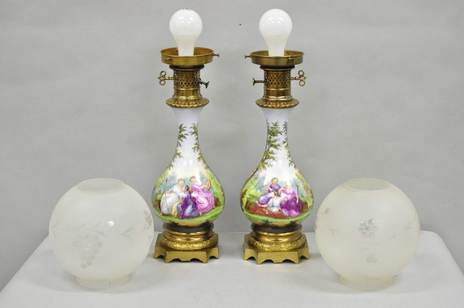 Antique French Napolean III Hand Painted Porcelain Oil Lamp Table Lamps - a Pair