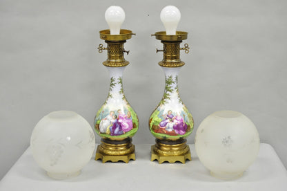 Antique French Napolean III Hand Painted Porcelain Oil Lamp Table Lamps - a Pair