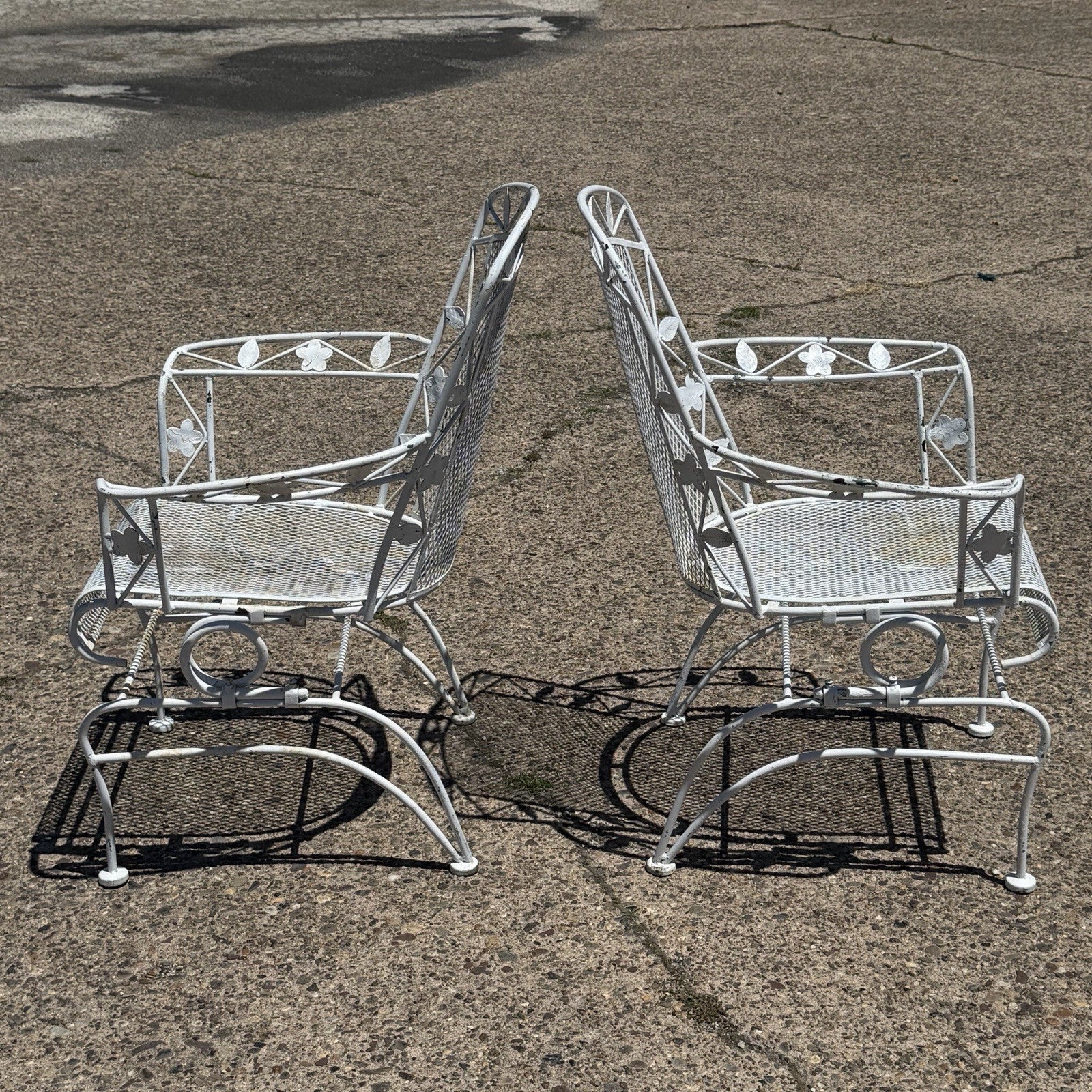 Vintage Woodard Era Floral Wrought Iron Springer Garden Patio Arm Chair - a Pair