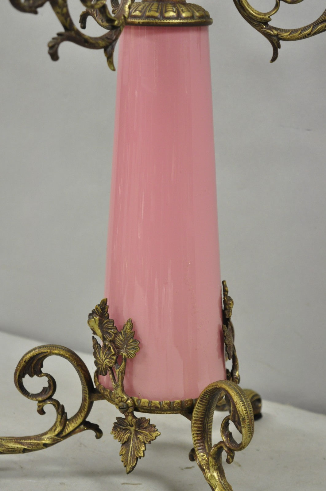French Renaissance Art Nouveau Bronze 4 Candle Pink Glass Column Candelabra