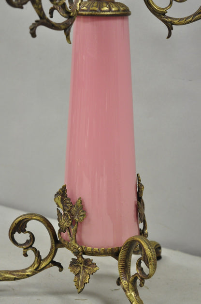 French Renaissance Art Nouveau Bronze 4 Candle Pink Glass Column Candelabra