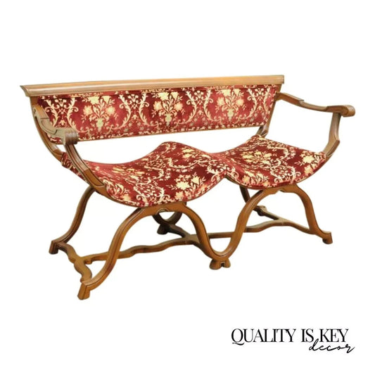 Vintage Italian Renaissance Style Double Curule X-Frame Settee Savonarola Bench