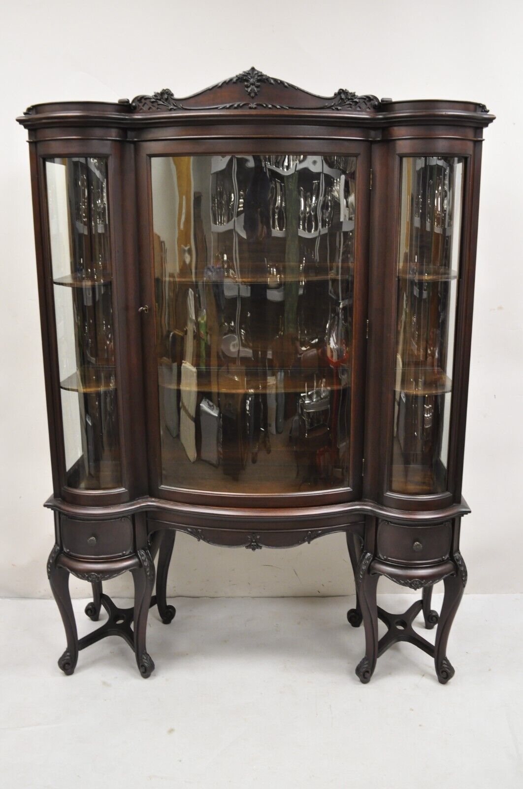 Antique French Renaissance Dark Walnut Triple Bowed Glass China Cabinet
