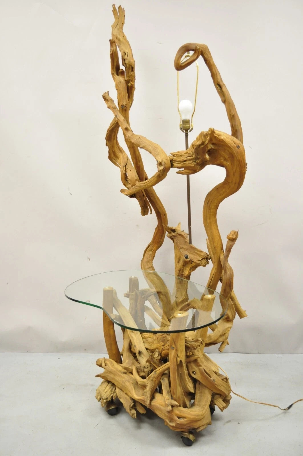 Vintage Mid Century Modern Large Driftwood Floor Lamp Kidney Glass Side Table