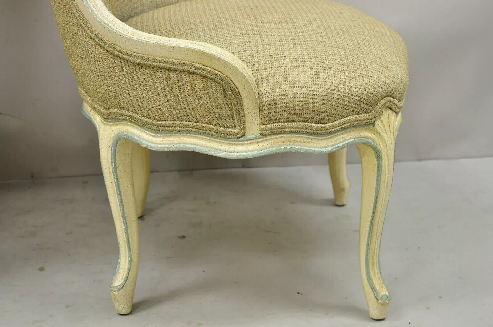 Vintage French Provincial Louis XV Cream Blue Boudoir Slipper Chairs - a Pair