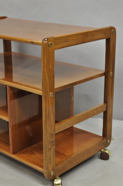 Vintage Mid Century Modern Lacquered Cherry Wood Rolling Cart TV Stand Shelf