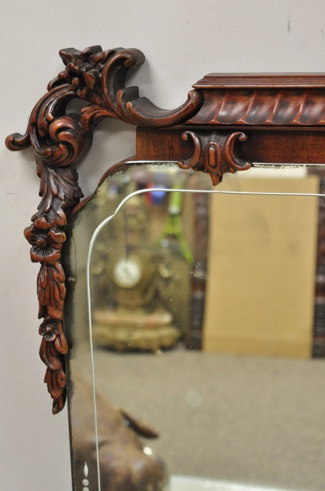 Vintage Chinese Chippendale Carved Mahogany Pagoda Frame Large Wall Mirror