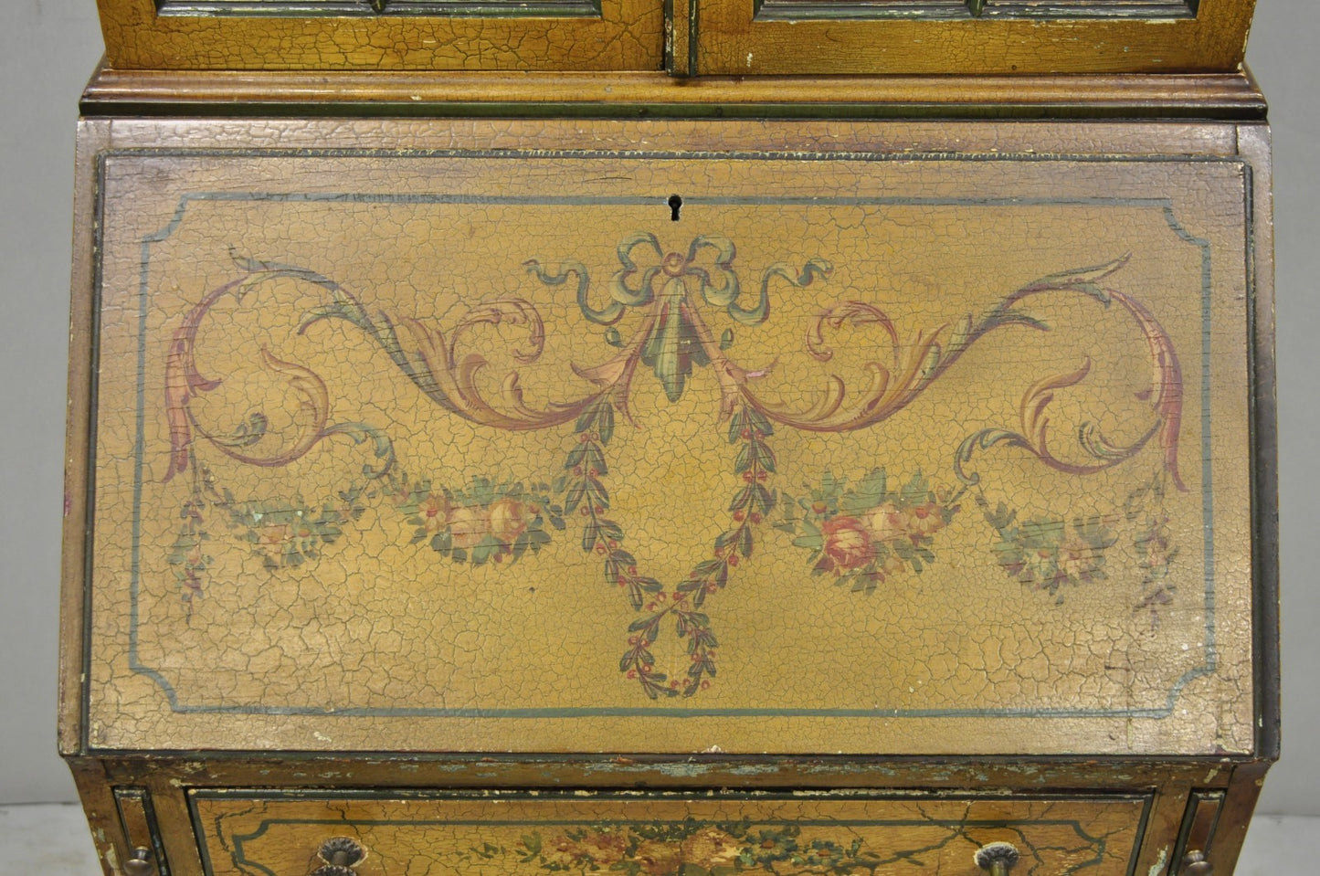 Antique English Adams Style Distress Hand Painted Narrow Secretary Writing Desk