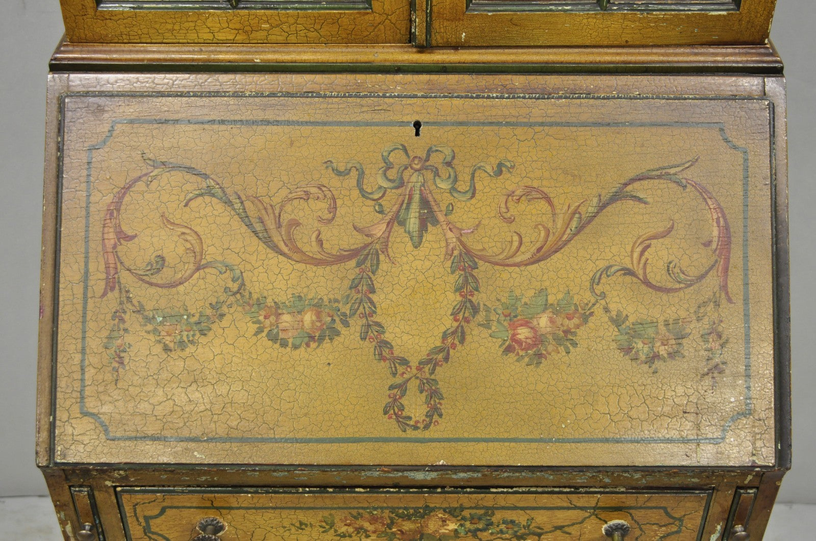 Antique English Adams Style Distress Hand Painted Narrow Secretary Writing Desk
