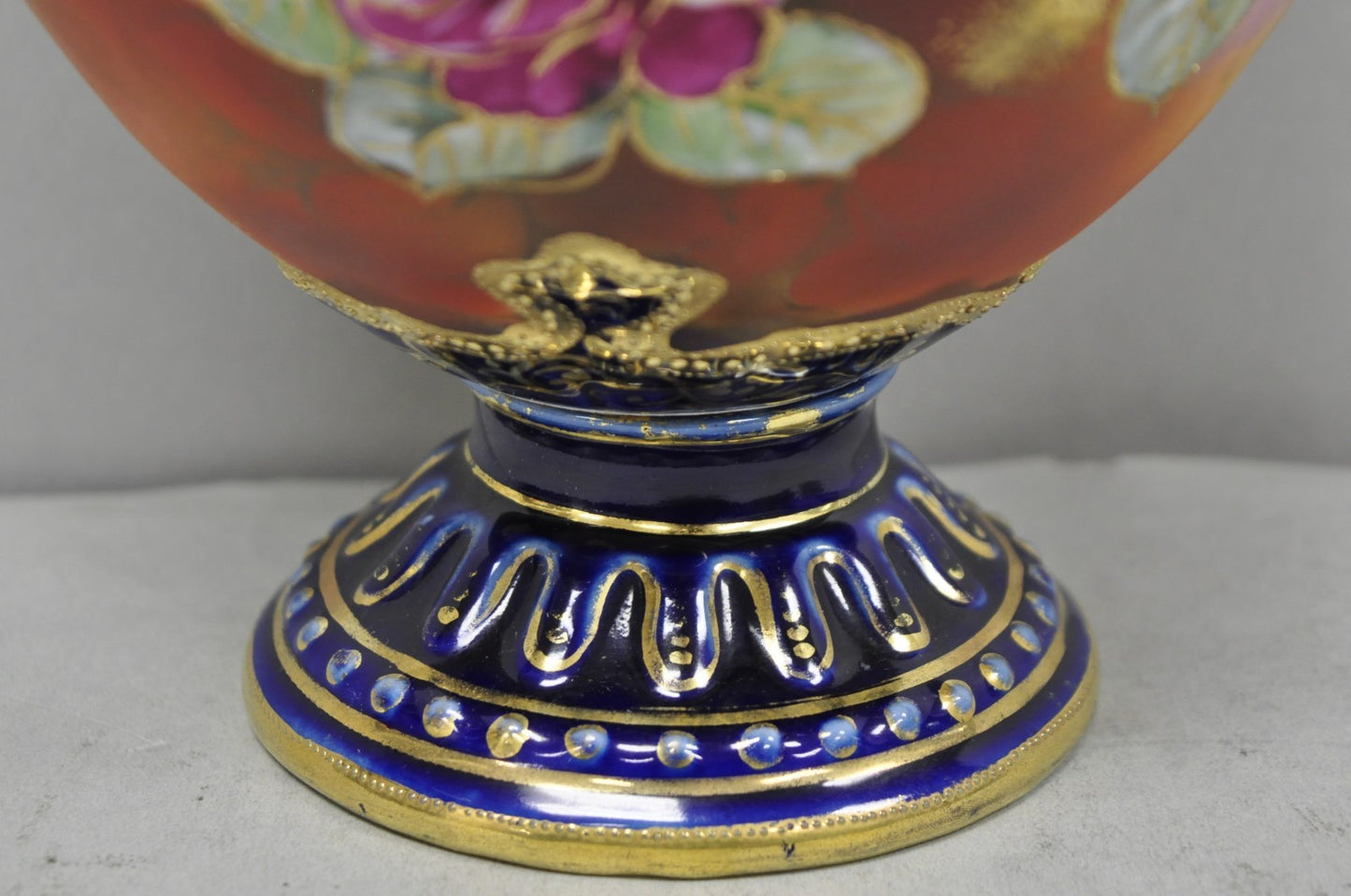 Antique Nippon Hand Painted Floral Design Cobalt Blue Porcelain Bolted Urn Vase