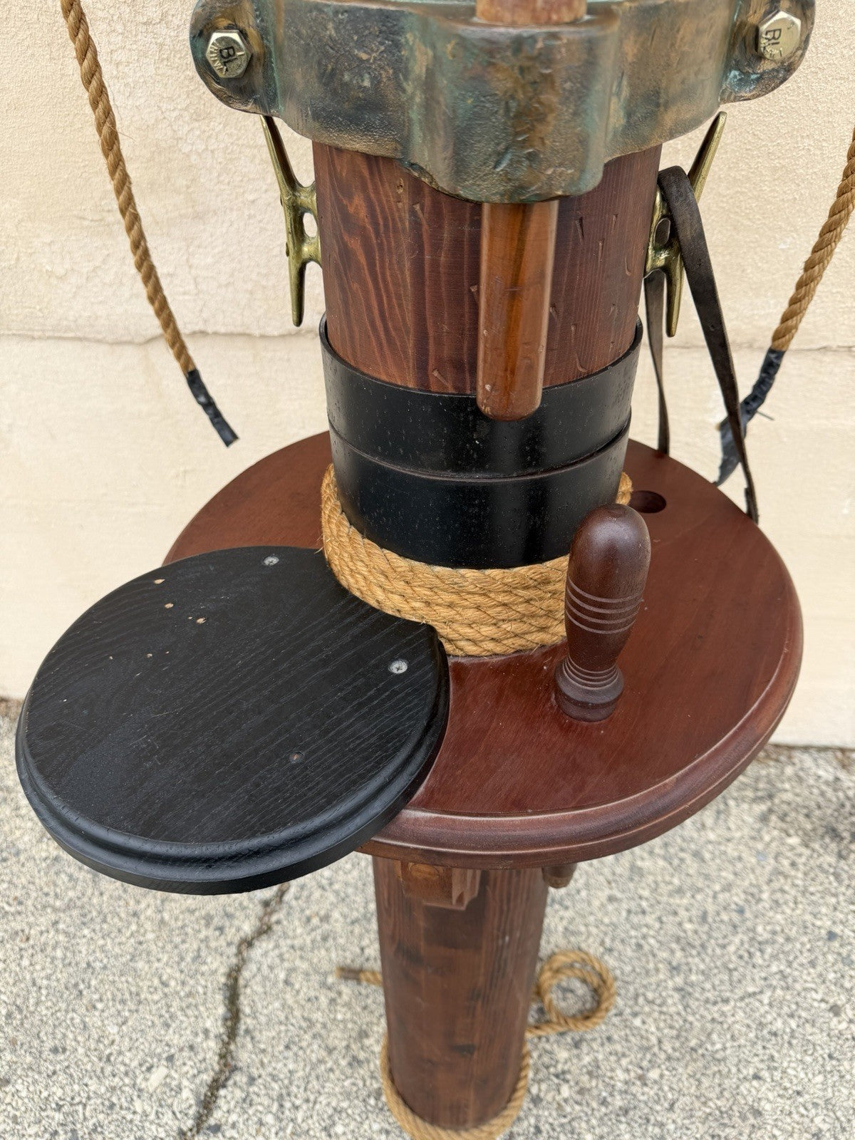 Vintage Custom Nautical Wood 95" Ship Mast Mancave Bar Island w Pulley & Ropes