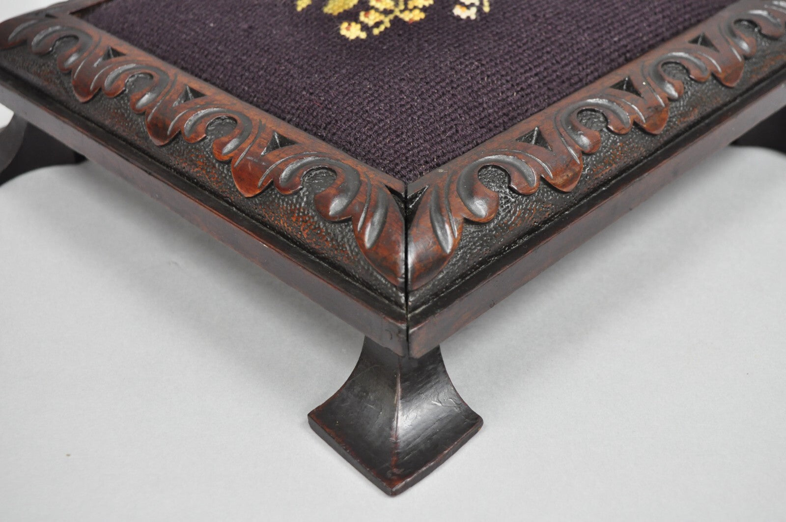 Antique Victorian Carved Solid Mahogany Floral Needlepoint Low Footstool Ottoman