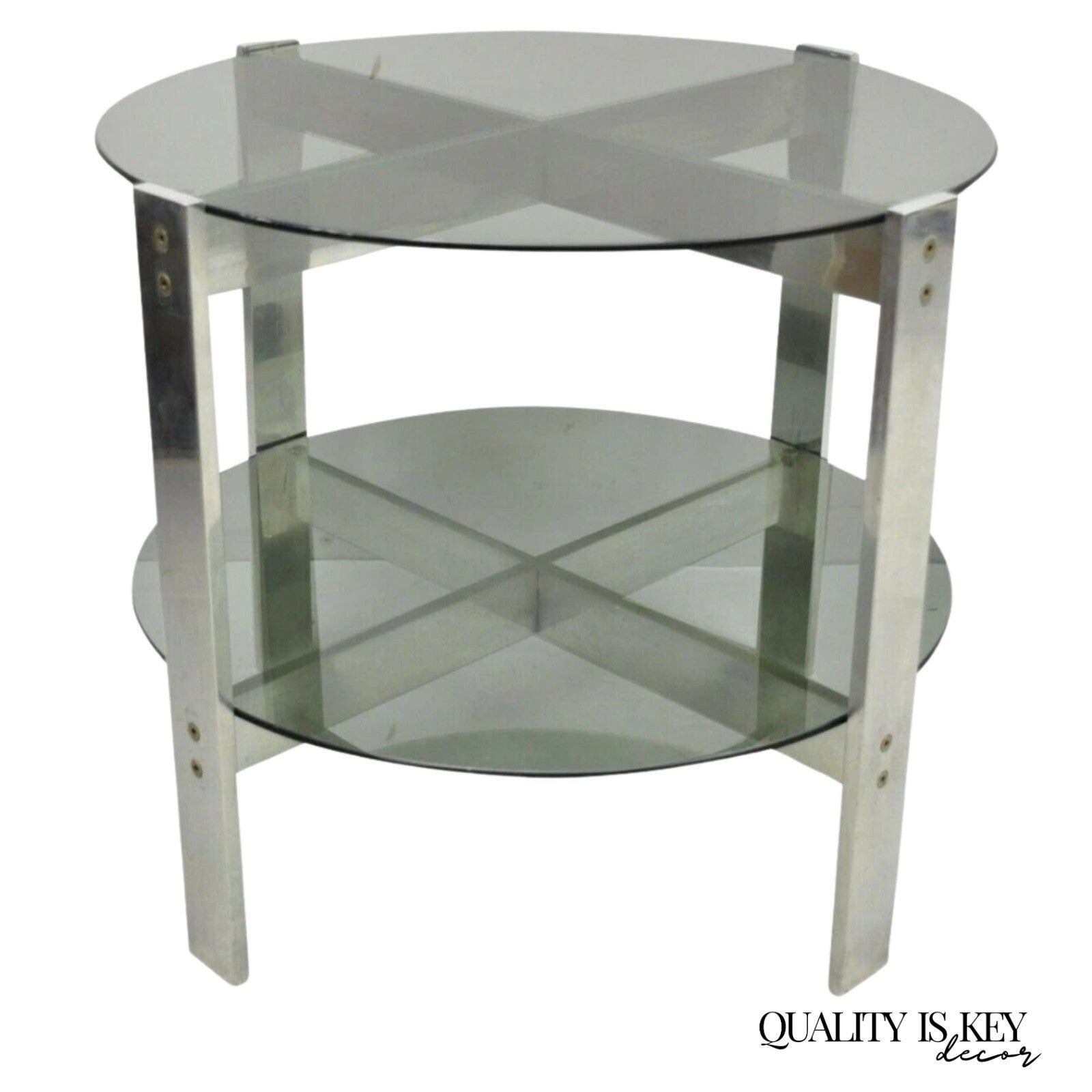 Vintage Mid Century Modern Round Smoked Glass 2 Tier Aluminum Base Side Table