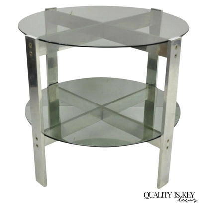 Vintage Mid Century Modern Round Smoked Glass 2 Tier Aluminum Base Side Table