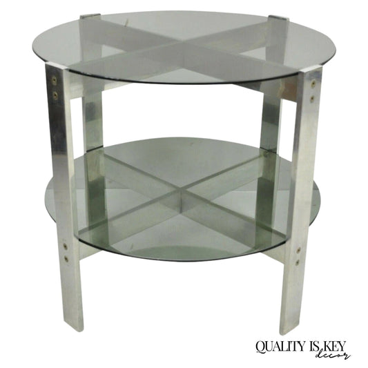 Vintage Mid Century Modern Round Smoked Glass 2 Tier Aluminum Base Side Table