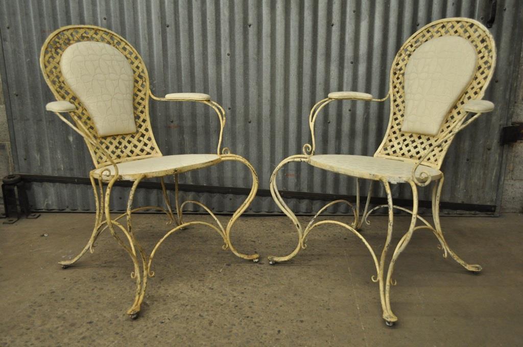 Pair Vintage Hollywood Regency Lattice Wrought Iron Patio Lounge Arm Chairs B