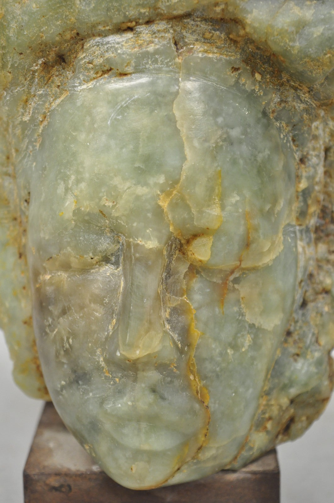 Vintage Chinese Carved Green Soapstone 8" Bust Head Small Figure Sculpture