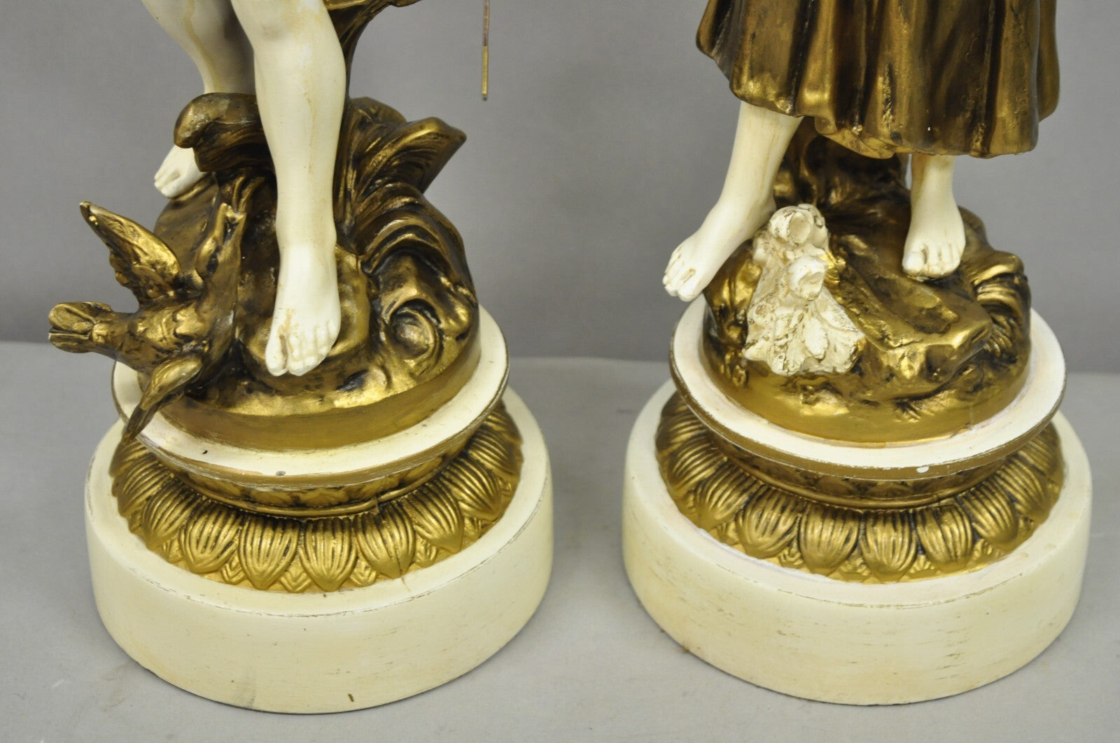Antique French Victorian Moreau Figural Metal Boy and Girl Table Lamps - a Pair