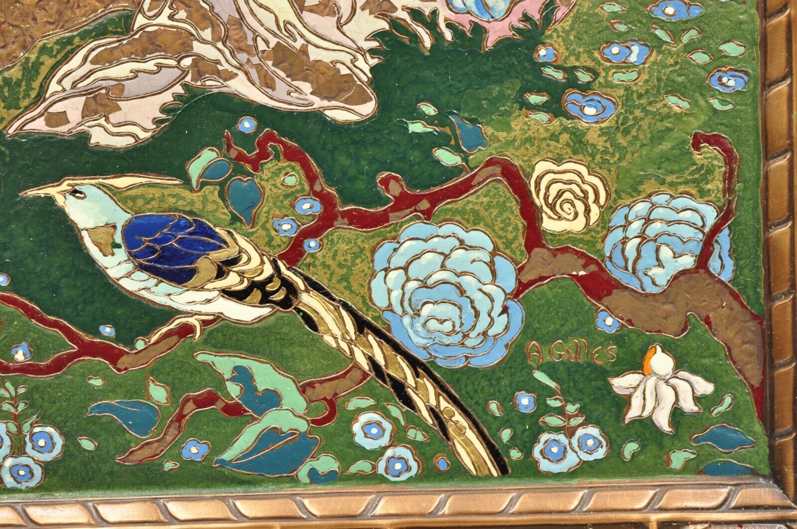 Vintage Painted Copper Metal Relief Art By A Gilles 26”x 20” Japanese Sakura