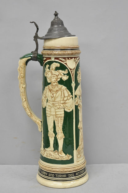 Antique German XL 20" Tall Figural Green Stoneware Beer Stein Tankard Mug w/ Lid