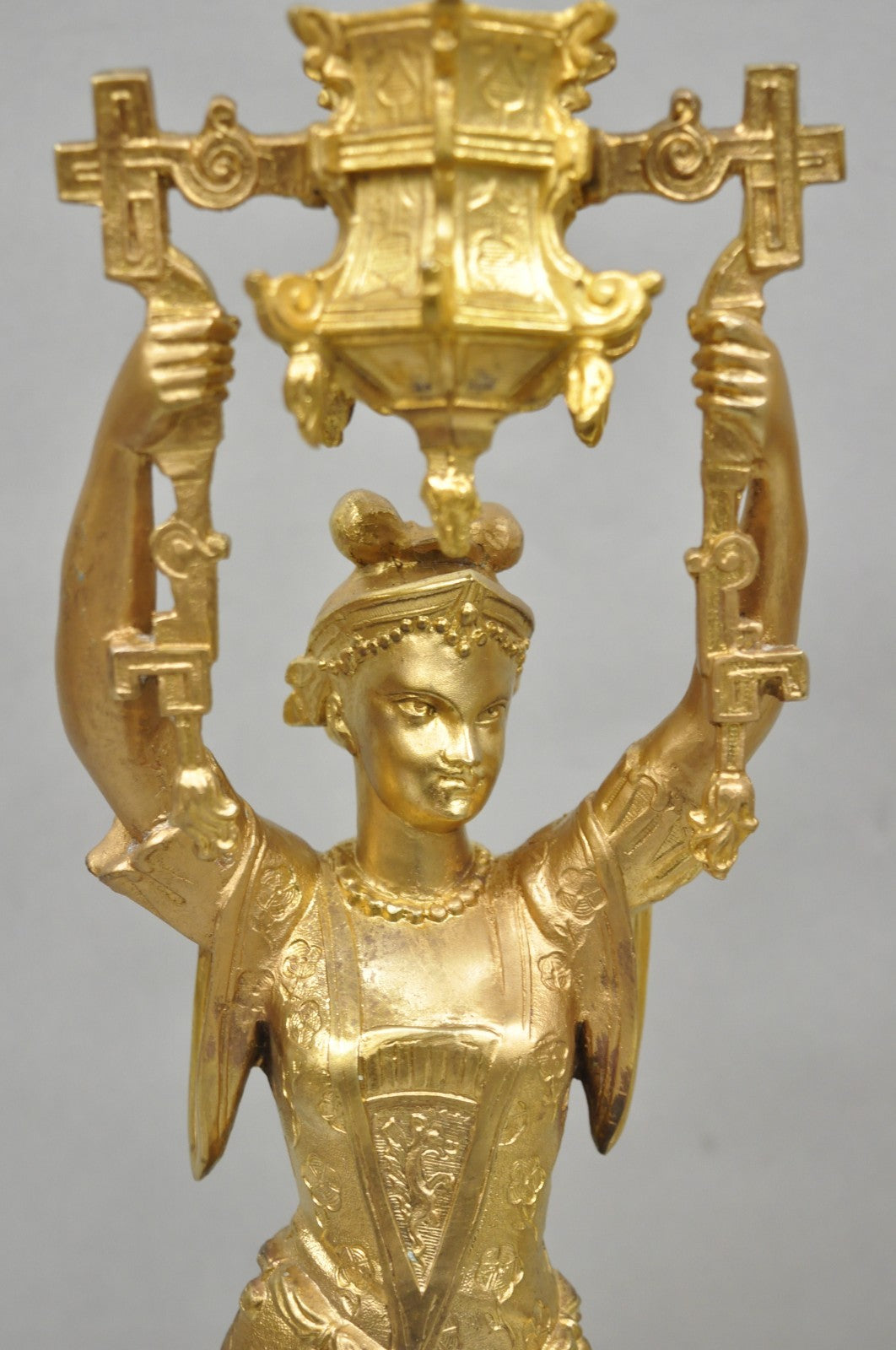 Antique Orientalist Gold Gilt Bronze Figural Male and Female Candlesticks - Pair