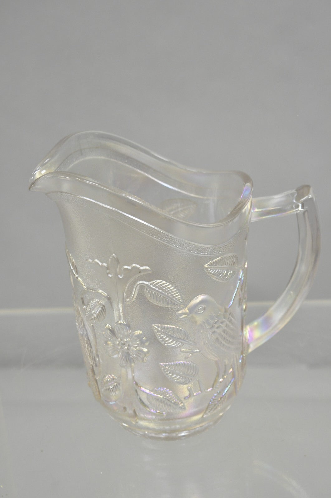 Vintage Imperial Carnival Glass Iridescent Frosty White Robins & Flowers Pitcher