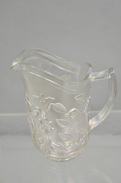 Vintage Imperial Carnival Glass Iridescent Frosty White Robins & Flowers Pitcher