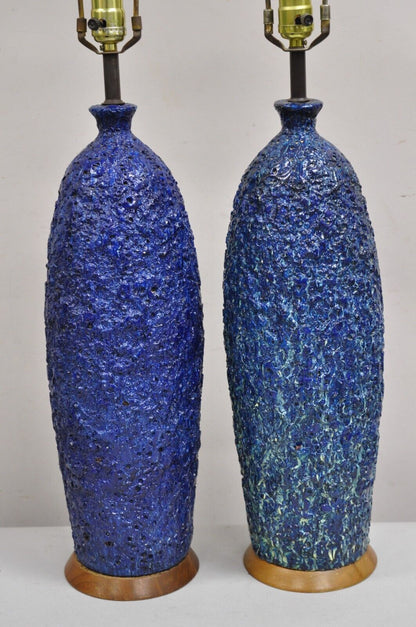 Vintage Mid Century Modern Blue Lava Drip Glazed Ceramic Table Lamp - a Pair