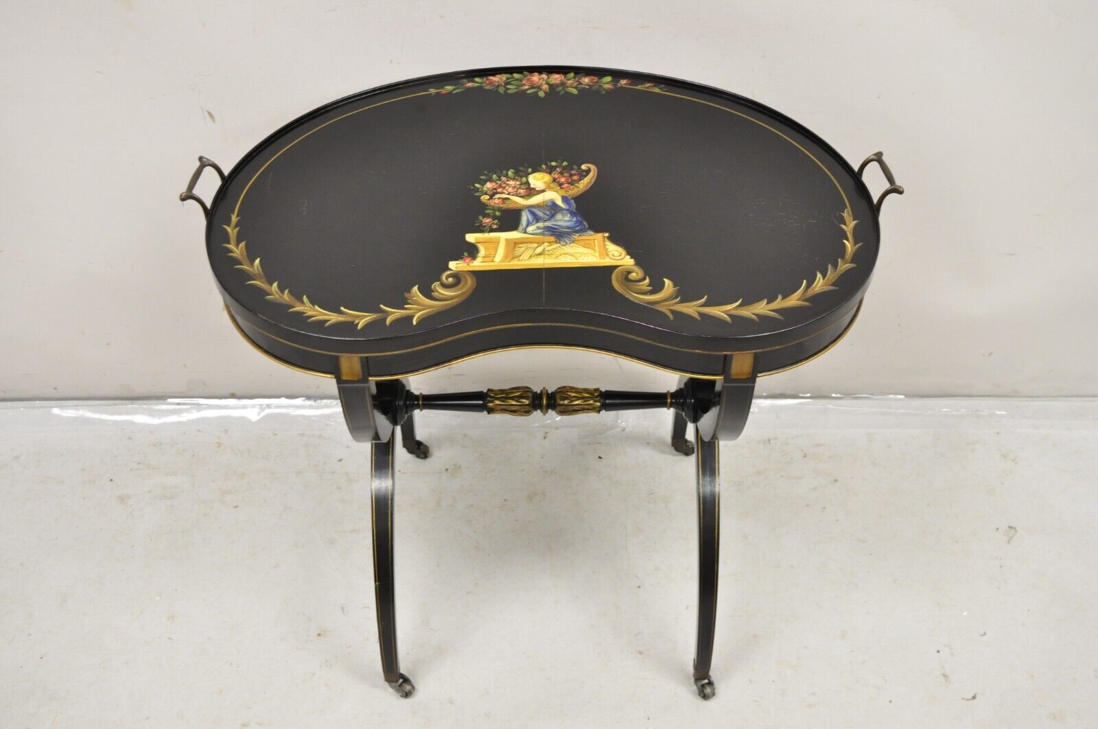 Vintage Imperial Furniture Regency Black Hand Painted Curule Kidney Side Table