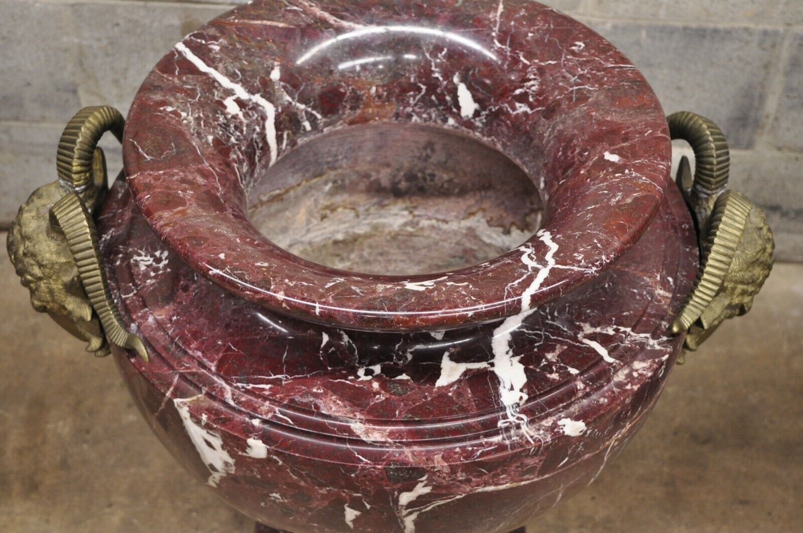 Large French Neoclassical Rouge Marble Bronze Rams Head Urn Planters - a Pair