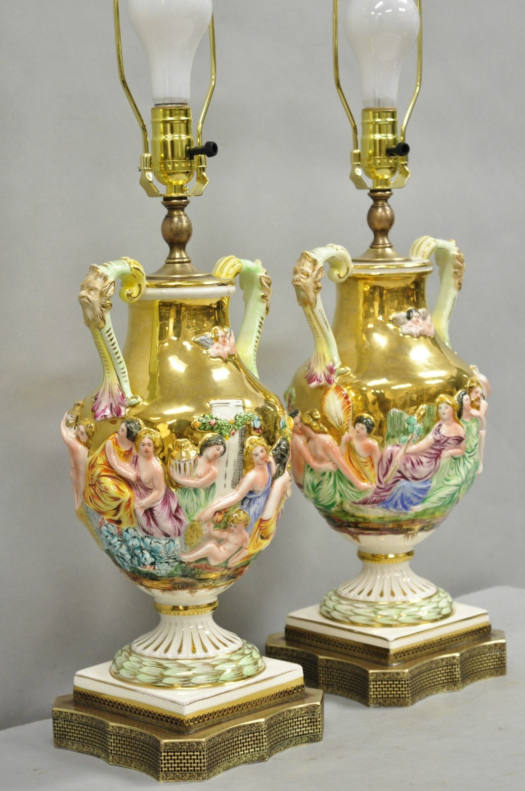 Antique Capodimonte Figural Porcelain Twin Handle Urn Gold Vase Table Lamps Pair