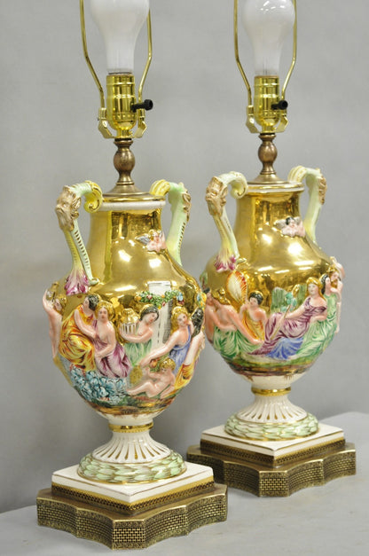 Antique Capodimonte Figural Porcelain Twin Handle Urn Gold Vase Table Lamps Pair