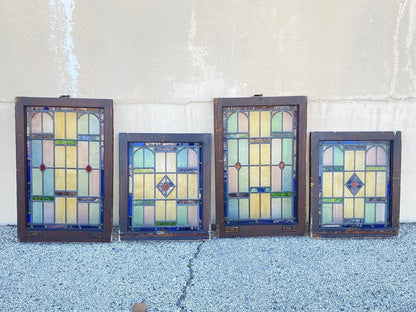 Antique Art Deco Leaded Stained Glass Pink Green Blue Yellow Windows - a Pair